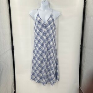Banana Republic Linen Blend Plaid Maxi Dress‎ Medium Blue White Strappy New